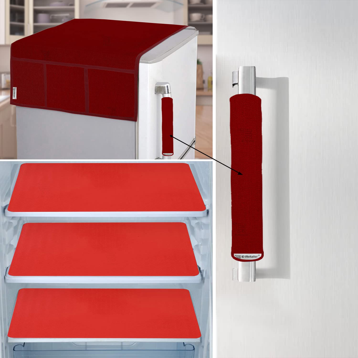 E-Retailer® Exclusive Combo Set of Appliances Cover (1 Pc. of Fridge Top Cover, 1 Pc. of Refrigerator Handle Cover and 3 Pc. Of Refrigerator Mat/Fridge Shelf Mat) (Color- Red, Set Contains- 5 Pcs.)