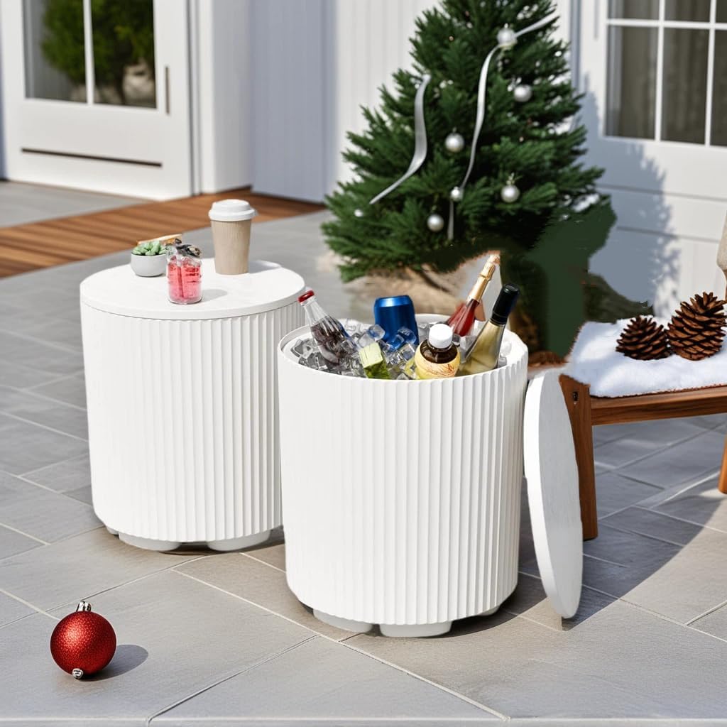 2 PCS Outdoor Cooler Side Table - 2 in 1 Patio Table and Ice Chest Storage, 16.65in Patio Cooler Table, Outdoor Ice Chest Side Table for Picnic Beach, White