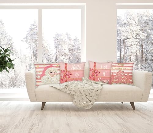 Miniatura 2 de Aremetop Juego de 4 fundas de almohada de Navidad rosas de 18 x 18 pulgadas para decoraciones de Navidad, diseño de árboles de Navidad de Papá Noel