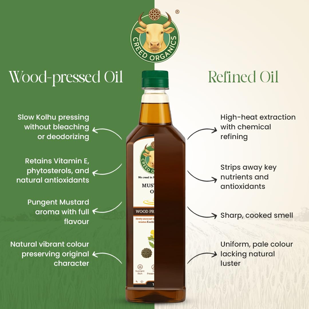 Creed Organics Woodpressed Mustard Oil 100 Pure Coldpressed Unrefined Traditional Ayurvedic For Cooking Pickling Wellness | Size 1 Liter (pack of 2) 1