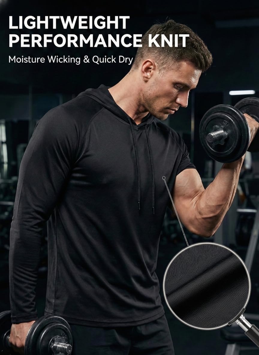 5-Pack Men's Workout Hoodies Long Sleeve 100% Polyester Lightweight Gym Pullover Shirts Quick Dry Regular Fit Tops