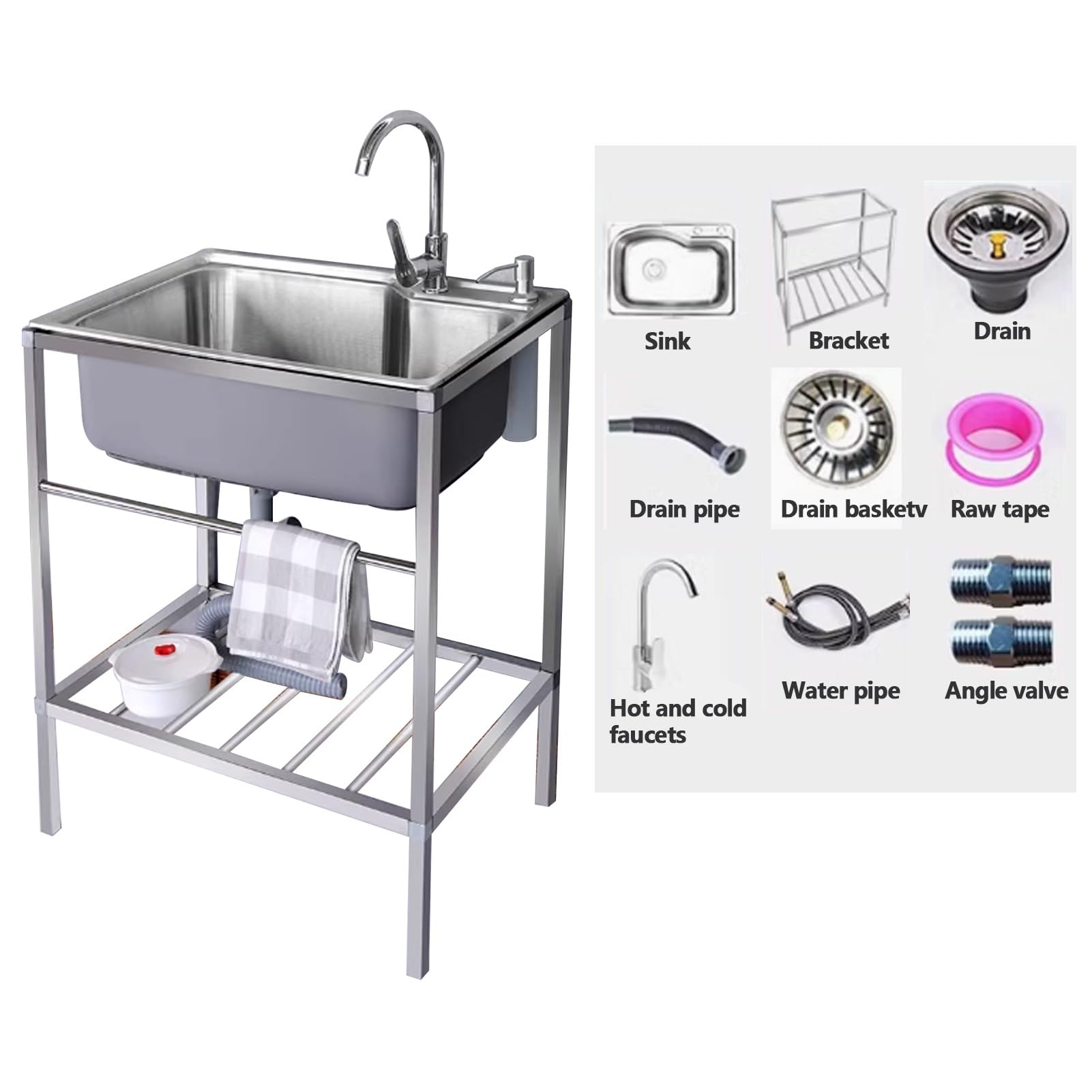 Fregadero utilitario de Acero Inoxidable de un Solo Seno con Kit de desagüe, estación Exterior Independiente para Lavar, lavadero, Cocina, Garaje y habitación.