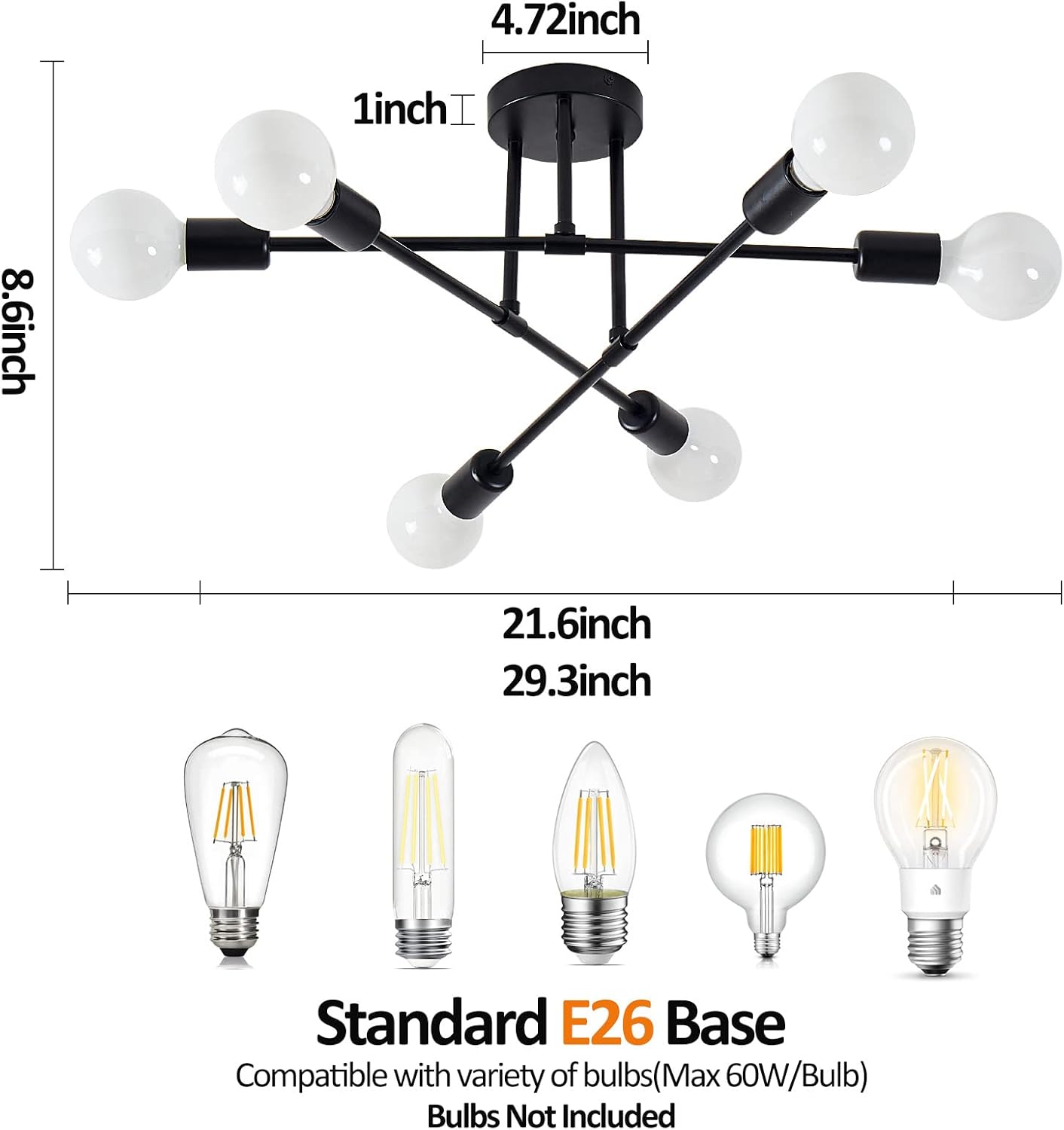 Semi Flush Mount Ceiling Light Fixture, 6 Lights Modern Sputnik Chandelier Ceiling Lamp with E26 Bulb Base, Light Fixtures Ceiling Mount for Bedroom Kitchen Living Room Hallway (Black)