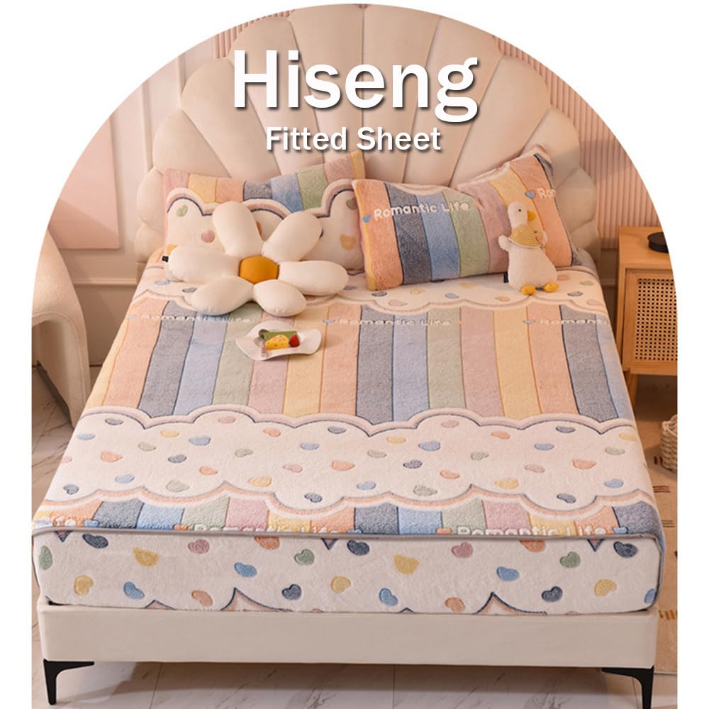 Hiseng Flanell Spannbettlaken, Jacquard Weiches Einfarbig Spannbetttuch Leintuch, bis 28 cm Matratzenhöhe, Elastisches Matratzenschoner für Boxspringbett & Wasserbett (200x220cm,Bunte Herzen)