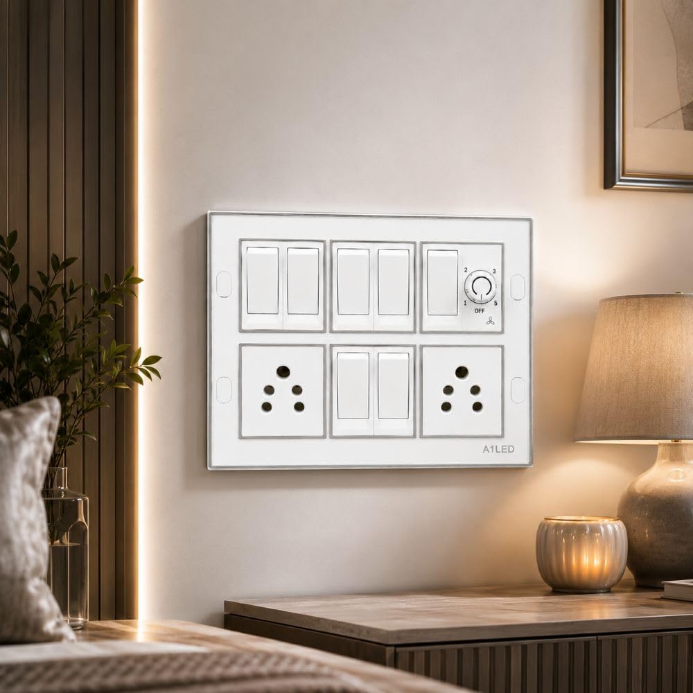 12 Modular Silver Line Gang Box Set 7 Switches 2 Sockets 1 Fan Regulator White Board Durable Electrical Fitting for Home and Office-image-11