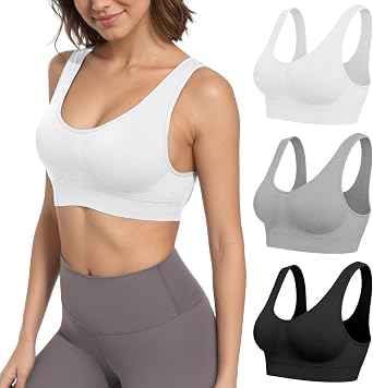 Sports Bras for Women - 3 Pack Seamless Comfortable Low Impact Wireless Bra with Removable Pads for Yoga Gym Workout