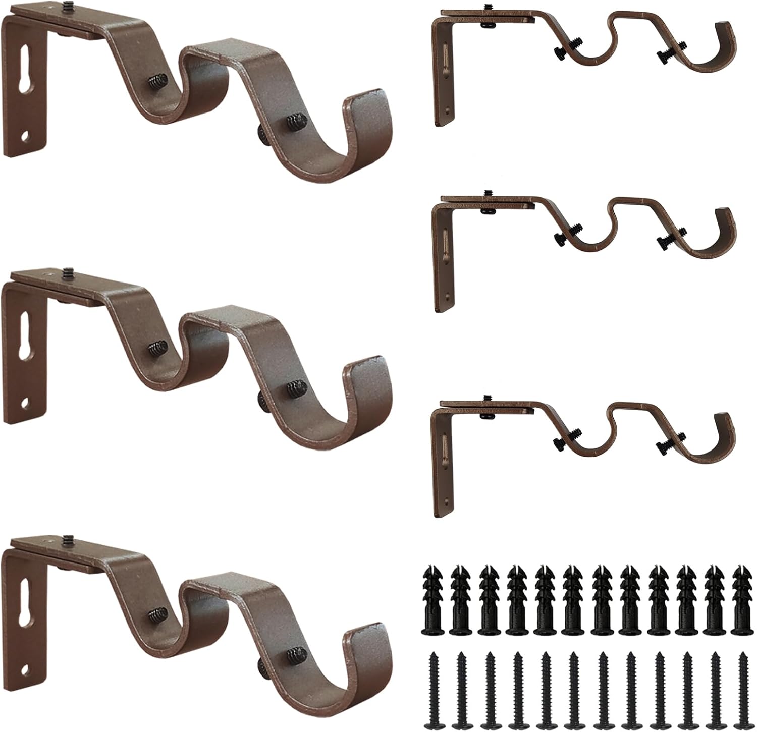 6 Pcs Double Curtain Rod Brackets, Heavy Duty - Adjustable Holders for 3/4 and 5/8 Inch Rods (Silver)