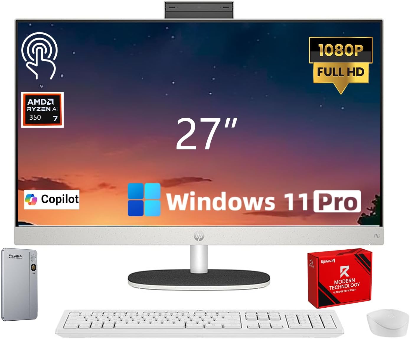HP 27" Touchscreen All-in-One Desktop Computer - 64GB DDR5 RAM, 4T SSD, AMD Ryzen AI 7 350 (Up to 5.0GHz),FHD IPS Display, AI Copilot+, WiFi6, Bluetooth 5.4, Windows 11 Pro, KB & Mouse, Accessories