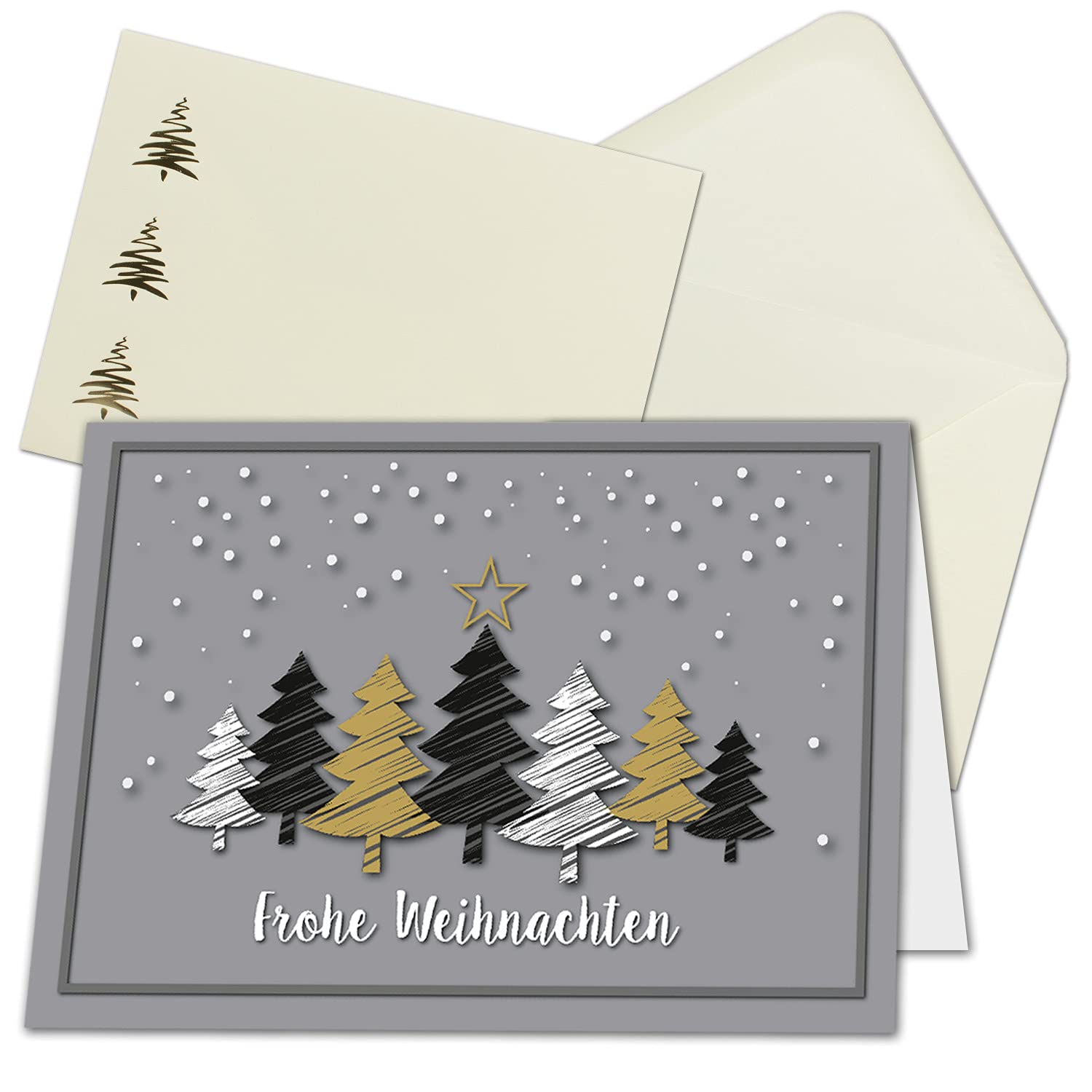 NEUSER PAPIER 100x Weihnachtskarten-Set DIN A6 in Grau mit Weihnachtsbäumen in Scratch-Optik - Faltkarten mit Umschlägen DIN C6 Creme mit goldenen Motiven - Weihnachtsgrüße für Firmen und Privat