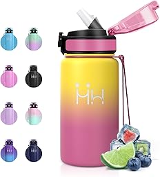 Gourde Inox 500ml, Gourde Isotherme avec Paille, Légère et Résistante, sans BPA, Anti-Fuite, Double Paroi Isolante, pour l'École, le Camping, Sports