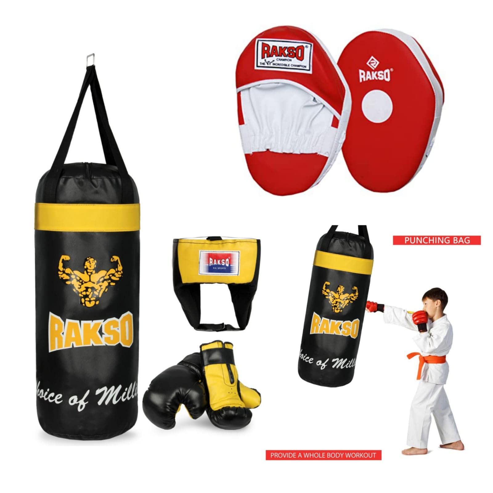 Rakso Boxing Kit for Kids Men with Boxing Gloves with Boxing Head Guard Punching Bag with Boxing Focus pad for Kids 7 to 10 Years Combo