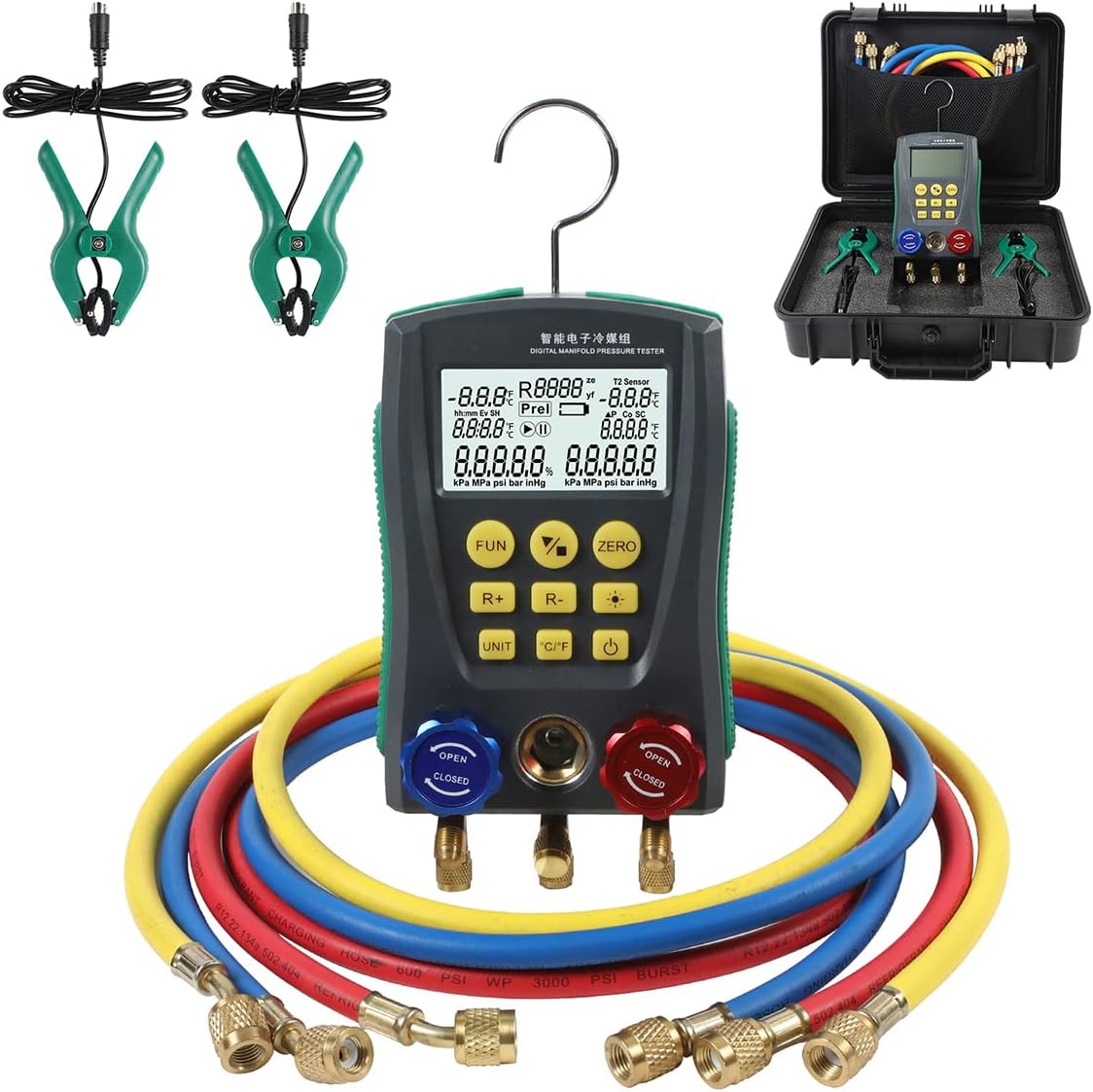 CMTOOL Digital HVAC Gauges with 3 Hoses, 89 Refrigerants, Digital Manifold Gauges Set, Pressure and Temp Test, HVAC Tools with 2 Temperature Clamps, for R134A 1234YF R22 R12 R404A R410A, etc