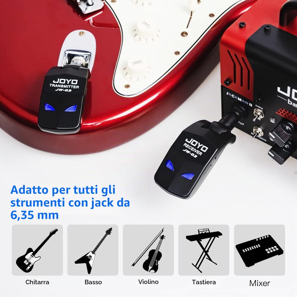 JOYO Guitar Wireless System 2.4GHz 4 Channels Rechargeable Audio Wireless Bass Guitar Transmitter Receiver for Electric Instruments (JW-03)