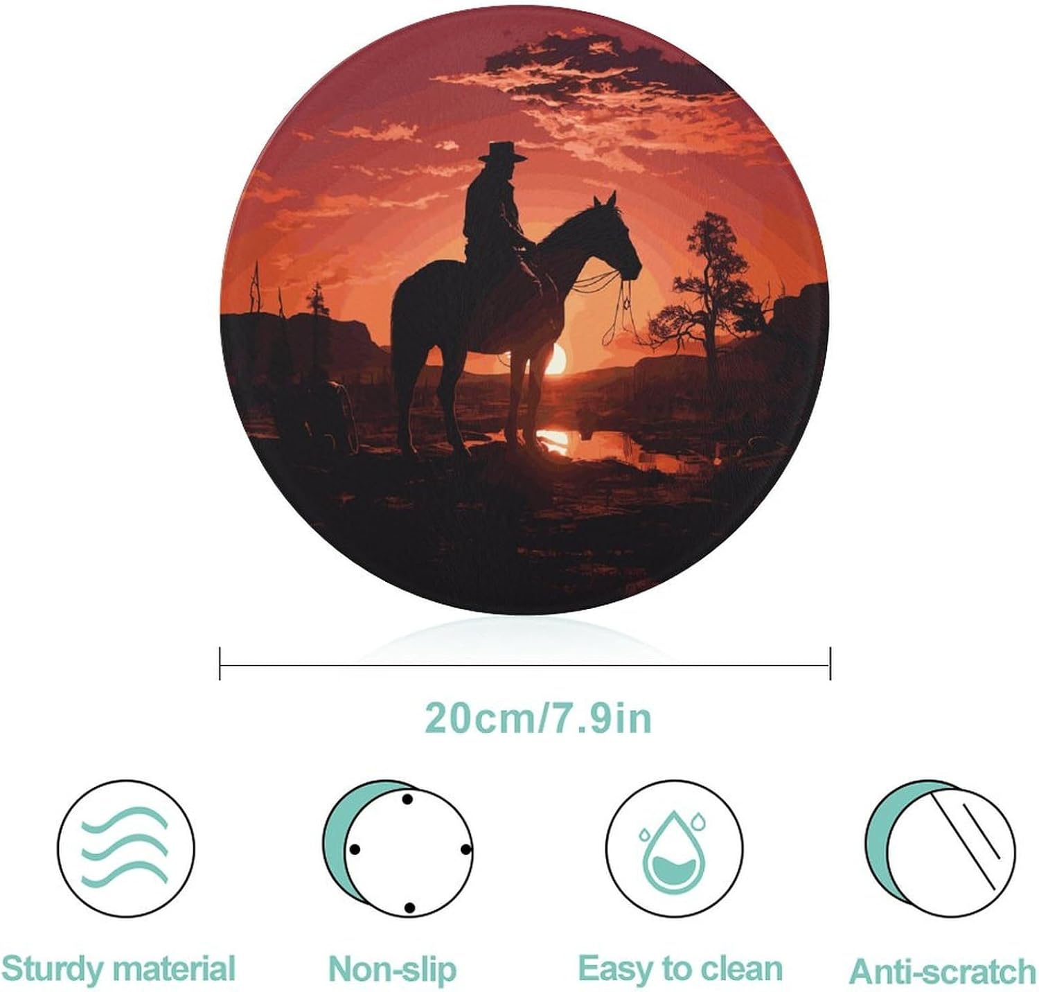 Cowboy West Cutting Board Portable Small Chopping Boards Tempered Glass Kitchen Counter Protector Non-Slip Round Charcuterie Boards Mat for Bar Cheese Board