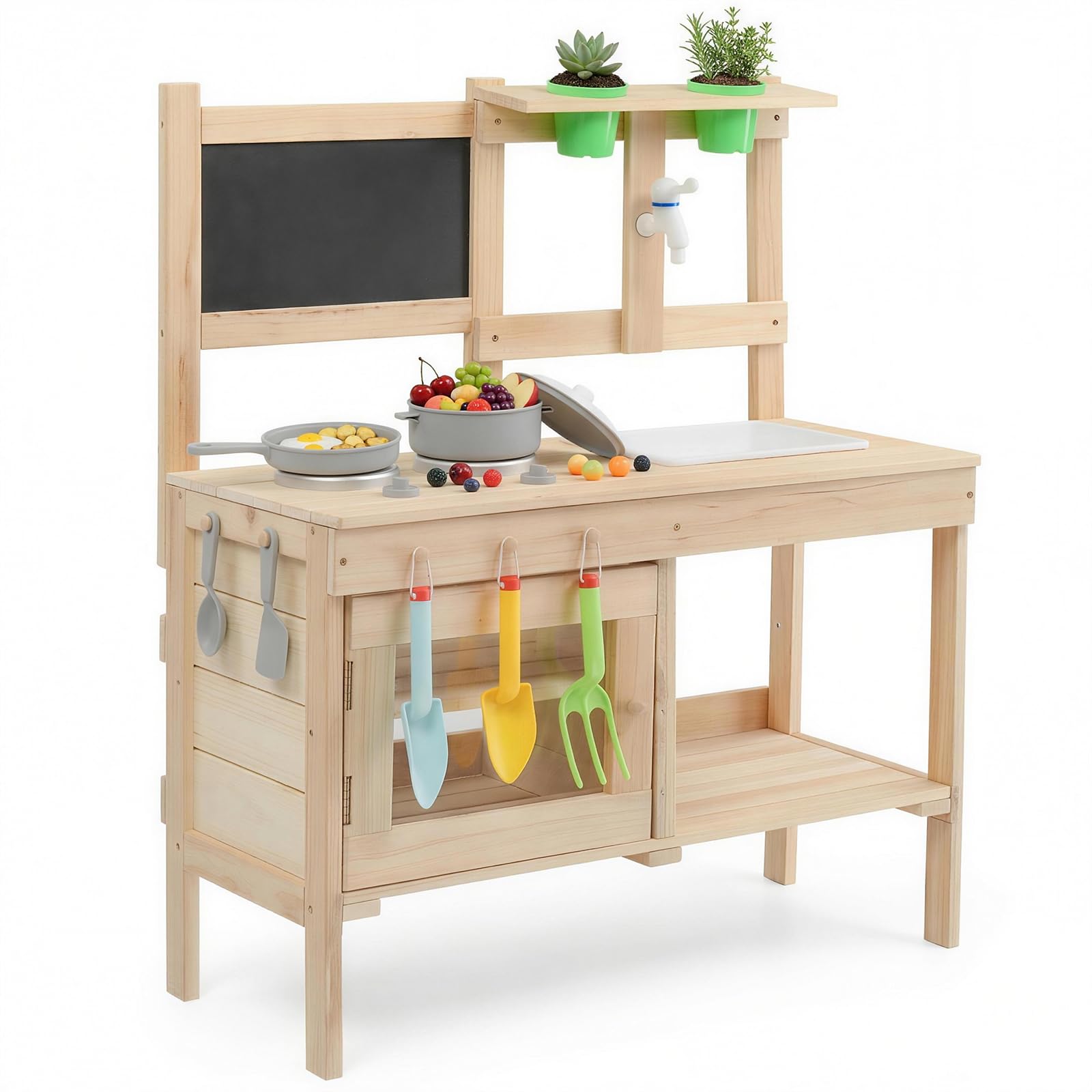 LALAHO Matschküche Outdoor, Gartenspielküche mit Spüle, Wasserhahn & Blumentopf, Kinderküche mit Herd und Tafel, Spielküche geeignet für Kinder ab 3 Jahren, Naturholzfarbe