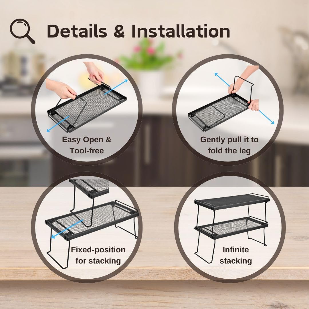 IBERG Cabinet Shelf - Set of 2 Mesh Shelf Organizers - Tool-Free Stackable Storage Rack for Kitchen, Pantry, and Bathroom (Black) image 4 of 7 B0DN1RQTTV