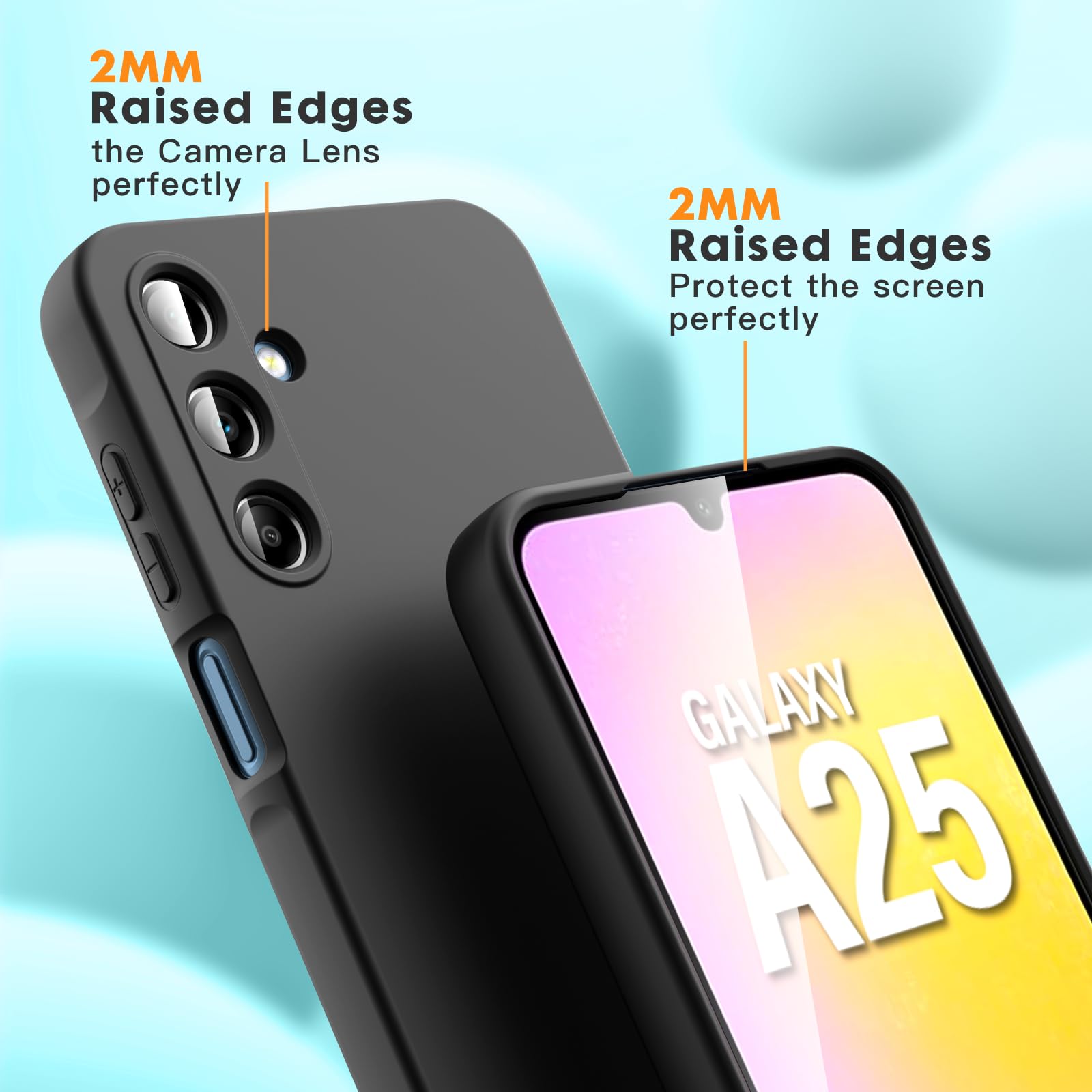 Vansdon Cover Compatibile con Samsung Galaxy A25 5G, 2 Pellicola Protettiva in Vetro Temperato, Gomma Gel di Silicone Liquida Antiurto Custodia - Nero
