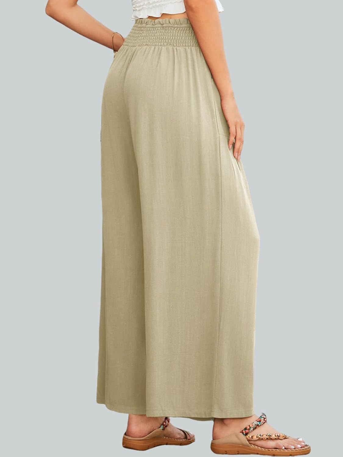 Linen Palazzo Pants for Women Wide Leg High Waist Casual Loung Trousers Beach Travel Vacation Harem Pants with Pockets - Image 5