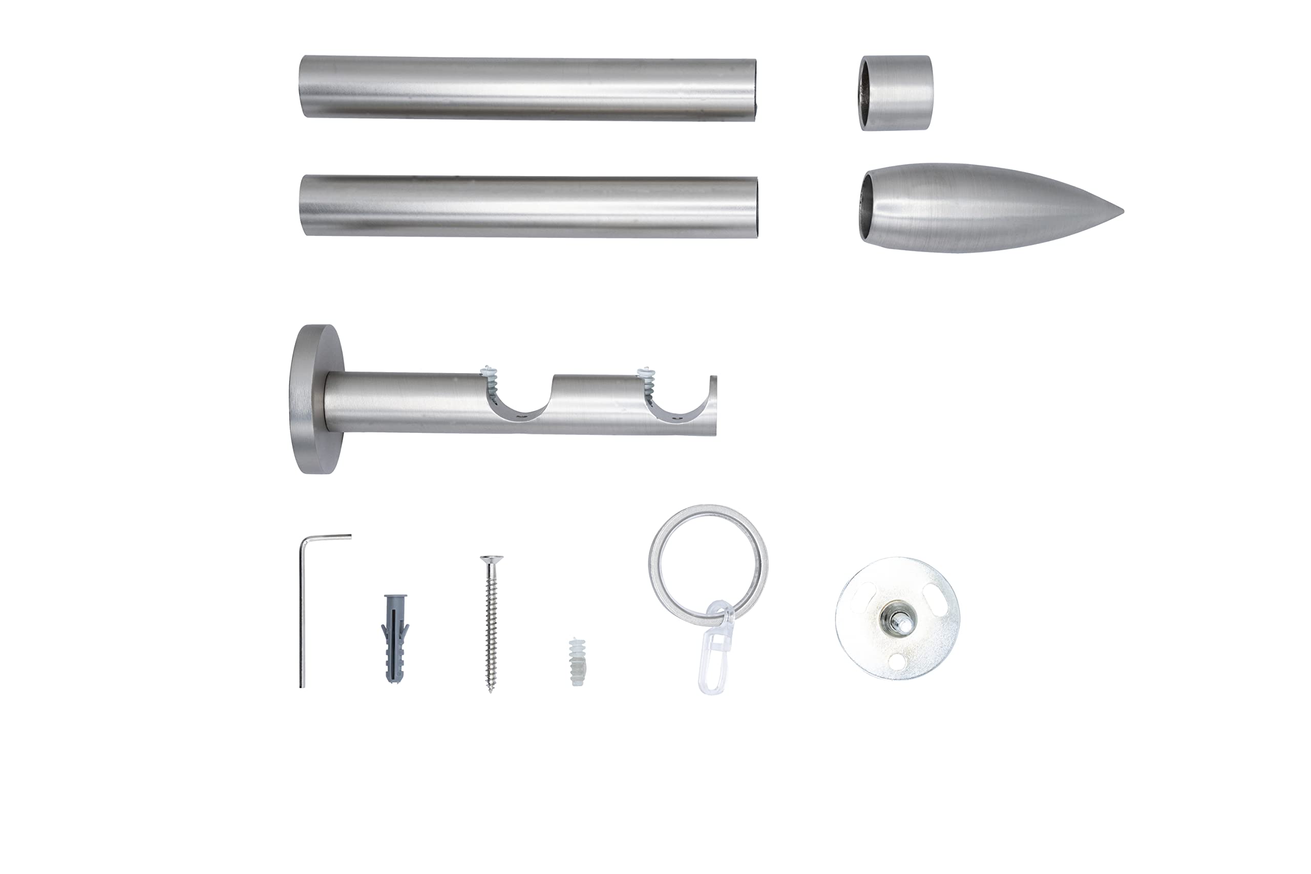 Tringle à rideau sur mesure 20 mm - Cartouche à 2 voies - Support mural de 12 cm - Style avec anneaux pour rideaux - Aspect acier inoxydable - 200 cm