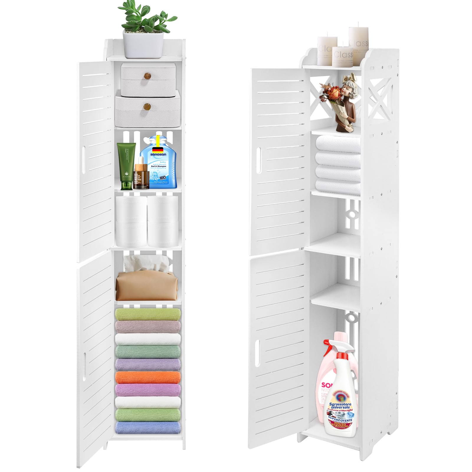 Tall Bathroom Storage Cabinet, Floor Standing Slim Organizer Unit, Free Standing Display Cabinet with Doors, Home Storage Furniture for Bathroom Living Room Kitchen Entryway, White