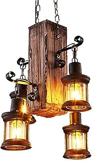 OUKANING Rustic Chandelier Industrial Lights, Woode Beam Hanging Pendant Light Retro Loft Lantern Ceiling Chandelier Lamp 4 Lights Suspension Lighting Fixture for Coffee Shop Restaurant Farmhouse