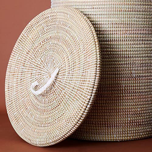 Senegalo Extra Large White Lidded Grass Basket #TOP2