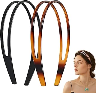 Diadema LACHT para mujer, diadema de plástico duro con doble botonadura y dientes, de alta calidad, para mujer, 2 piezas, color negro tortuga