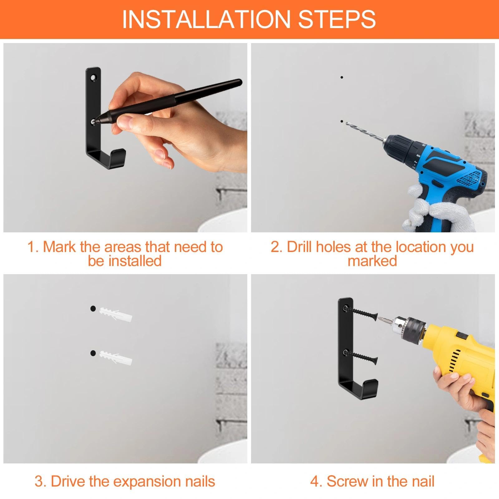 Brysalis 4 Pcs Ganchos para Colgar Resistentes, Gancho pared de Garaje Herramientas, Ganchos de Pared para Atornillar, Ganchos para Pared Forma de J, Soporte de Pared para Artículos Voluminosos — view 7