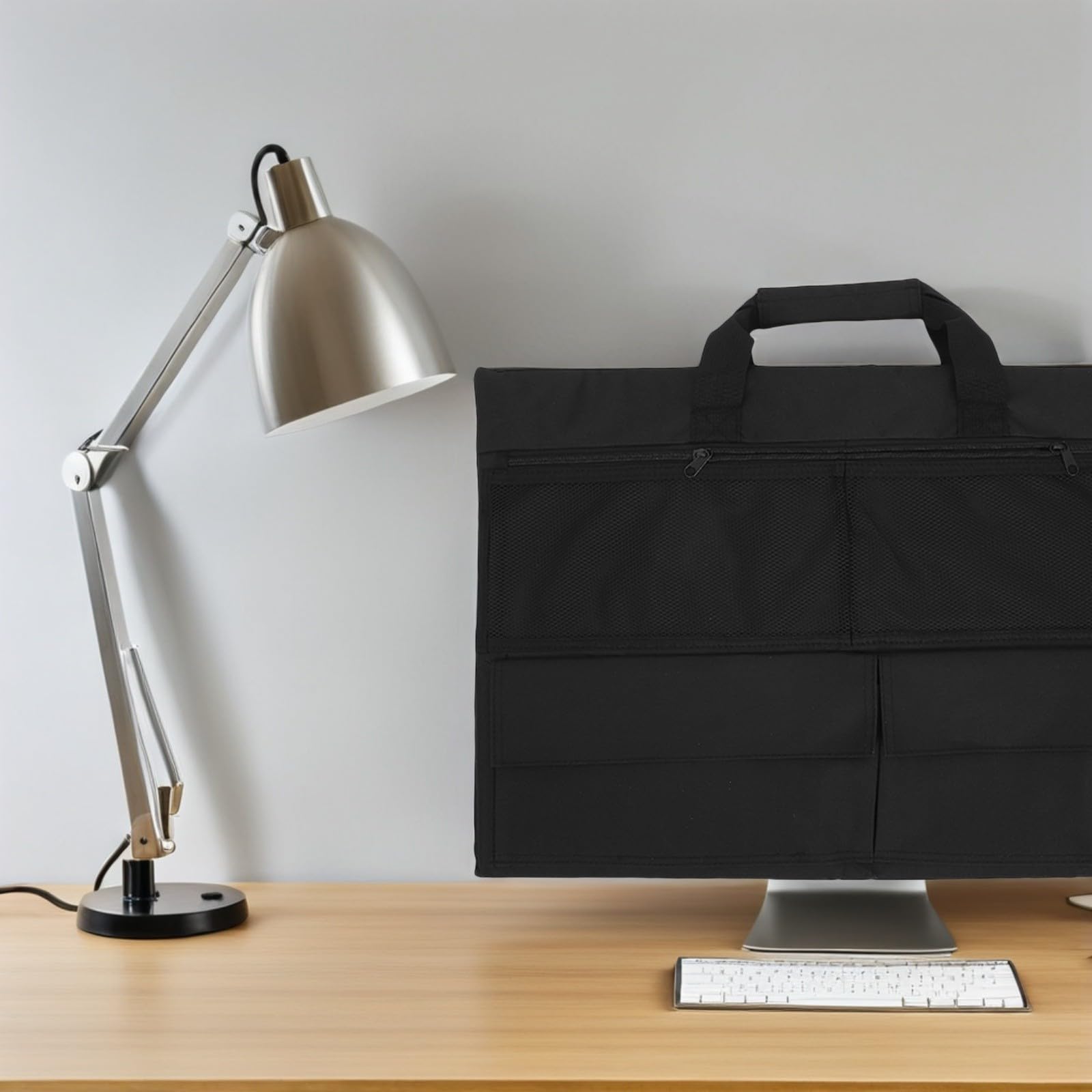 KICHOUSE Copertura Antipolvere per Monitor e Schermo LED in Nylon Nero Tasca e Maniglia per Ufficio e Casa