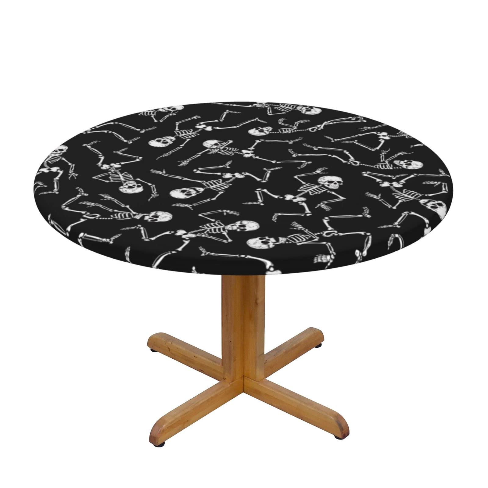 Lsjuee Round Fitted Tablecloth 40-44in Elastic Edged Table Cloth for Kitchen Dining Party Home Decor - Dancing Skeletons Black
