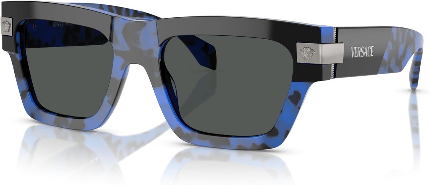 Versace Man Sunglasses Havana Blue Frame, Dark Grey Lenses, 55MM