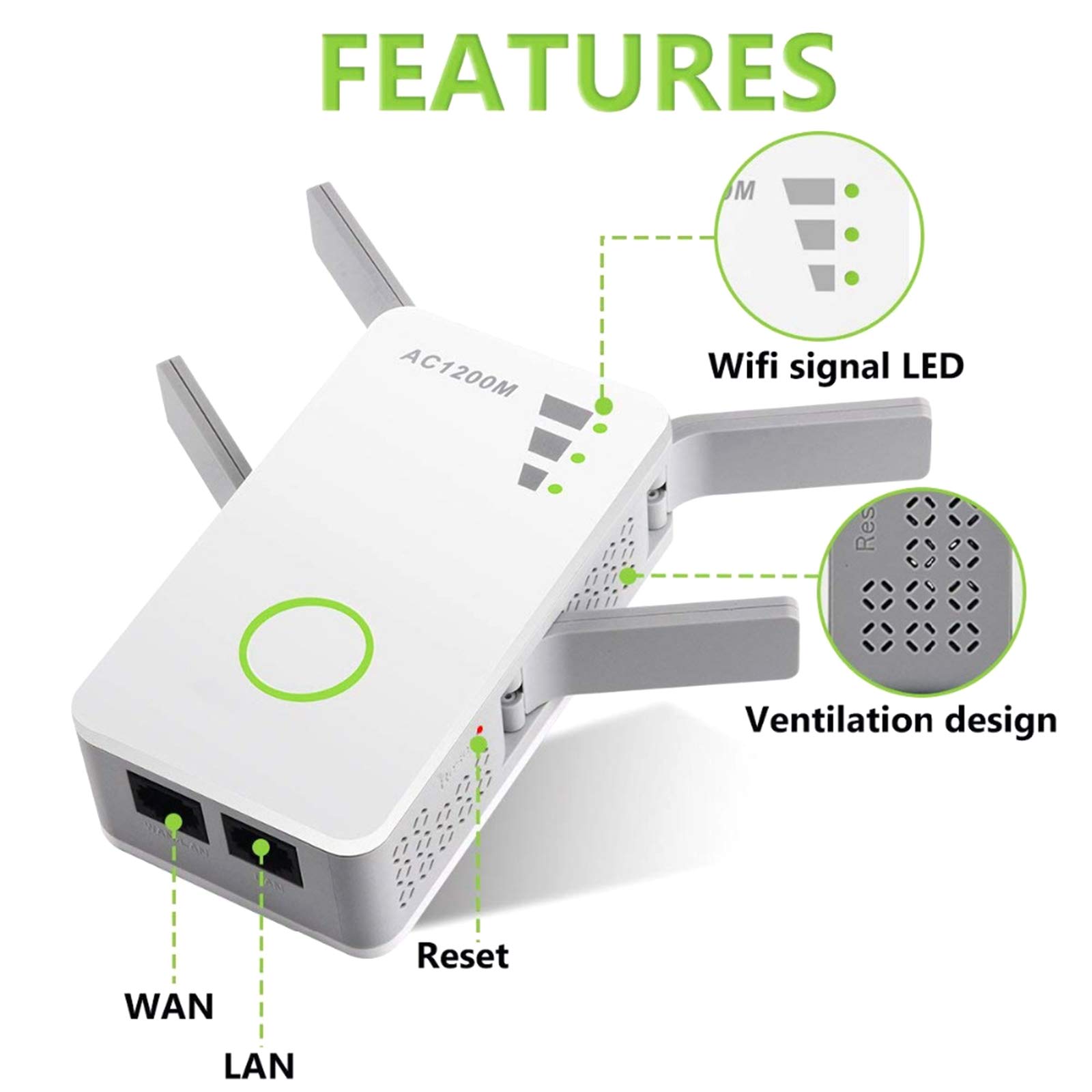 AIZYR 1200 Mbps Repetidor De Banda Dual Inalámbrico De CA/Amplificador De Rango Inalámbrico Ap Amplificador De Señal WiFi con 4 Antenas Externas Configuración De WPS Y Un Clic,Au Plug