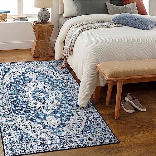 Moynesa Ultra-Thin Washable Vintage Area Rug - 4x6 Living Room Rug for Bedroom Office, Low Pile Non Slip Oriental Laundry Bathroom Mat Indoor Floor Carpet for Entrance Kitchen Mudroom