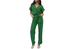 Women's Short Sleeve Romper Jumpsuit with V Neck and Belted Wide Leg