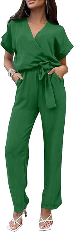 PRETTYGARDEN Women's Summer One Piece Jumpsuits Belted Short Sleeve Wrap V Neck Fashion Dressy Casual Wide Leg Pants Romper