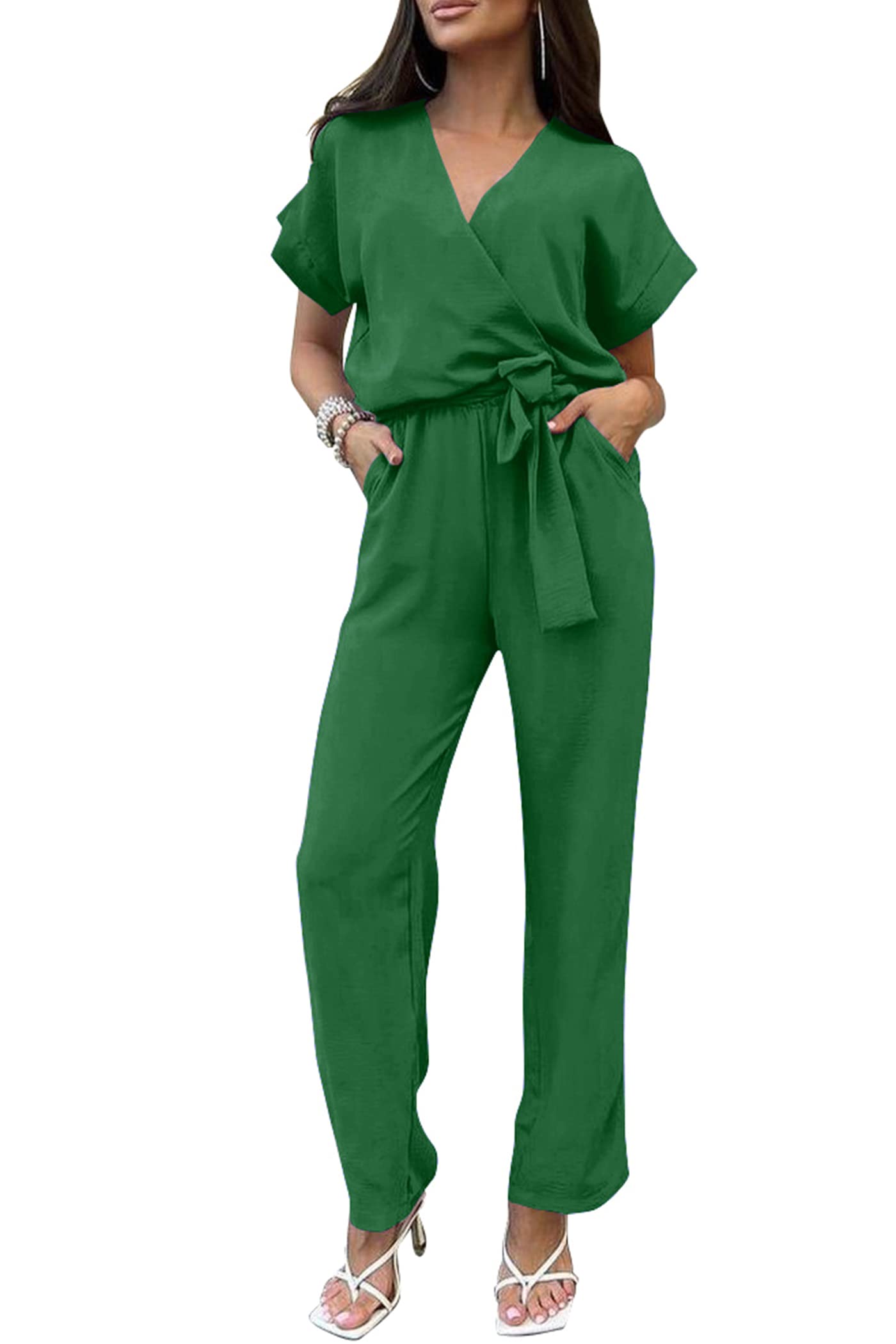 PRETTYGARDEN Women's One Piece Jumpsuits Dressy Casual Summer Short Sleeve Wrap V Neck Wide Leg Pants Romper Spring Clothes