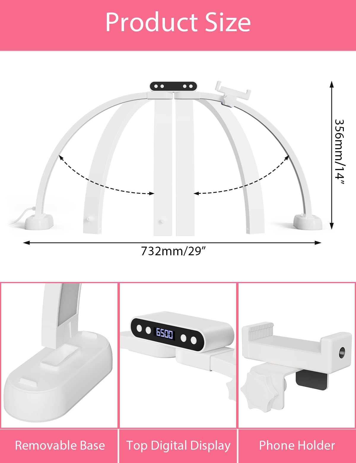 LANMOU Lámpara Media Luna LED 74 cm Regulable para Uñas y Pestañas | 35 W, 2800 LM, 3000-6500 K, Soporte Móvil y mando, Lámpara de Mesa para Manicura, Pestañas, Tatuajes y Video
