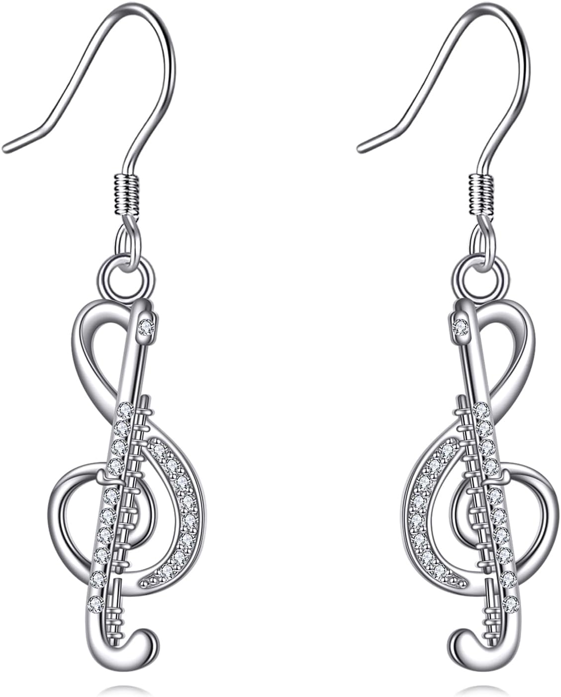 Sterling Silver Dangle Drop Earrings Flute Music Note Cubic Zirconia