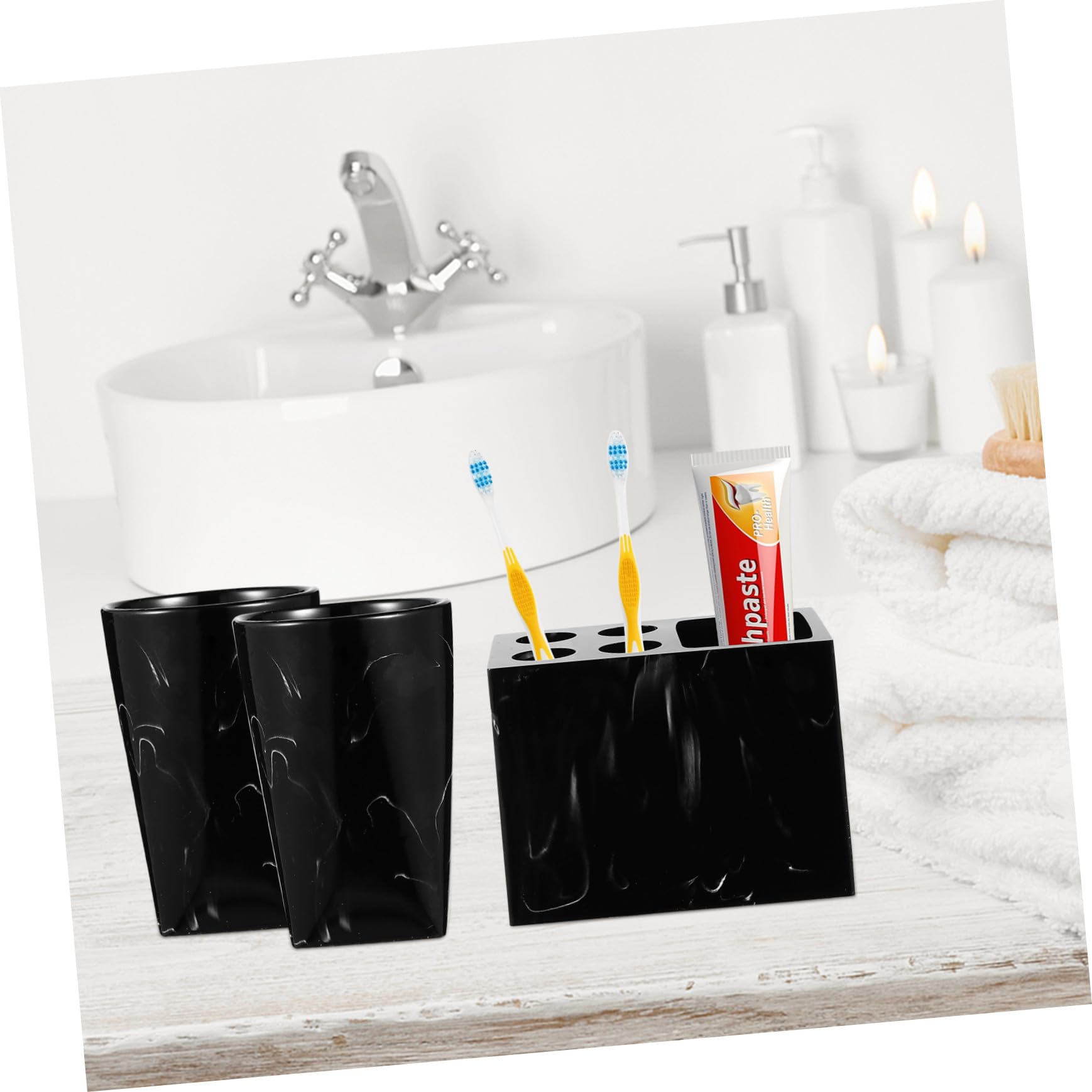 STOBAZA Set de Accesorios para Baño 5 Piezas Soporte para Cepillos, Vaso Enjuague y Jabonera de Resina Estilo Mármol Negro Fácil de Limpiar y Proteger Superficies