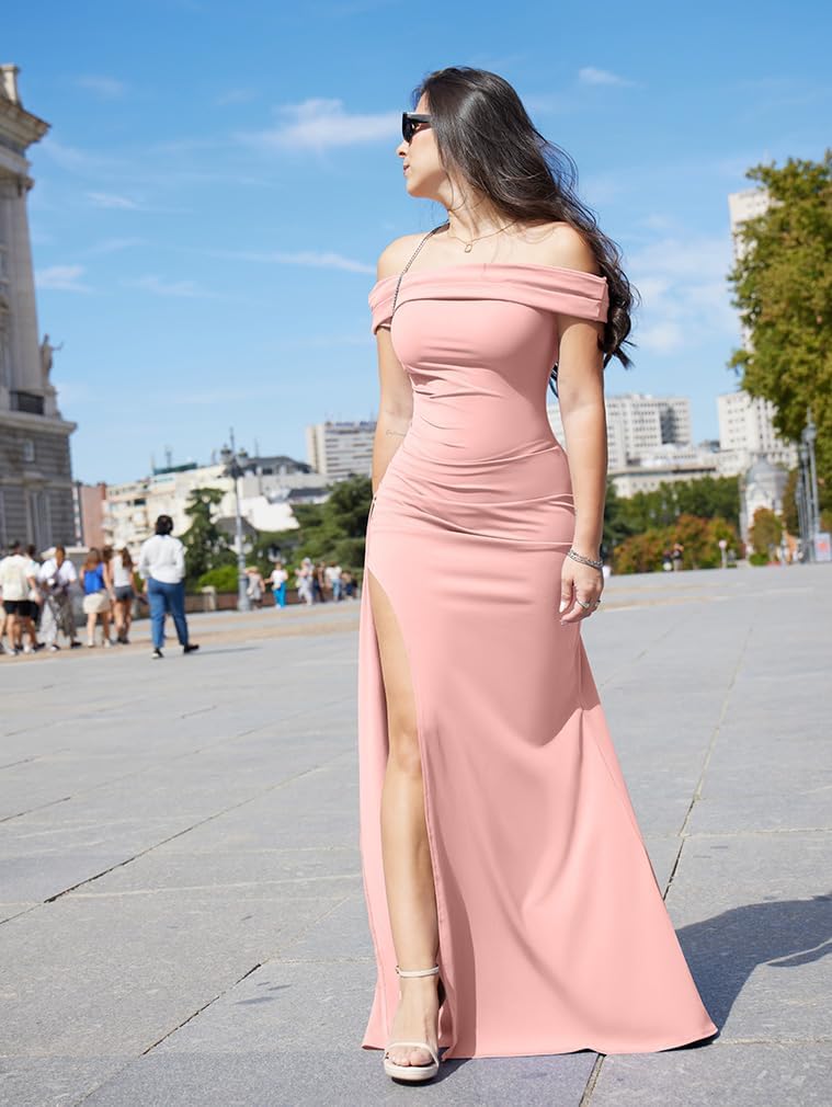 LAGSHIAN Women's Elegant Bodycon Off Shoulder Sleeveless High Split Ruched Long Formal Evening Dress - Image 3