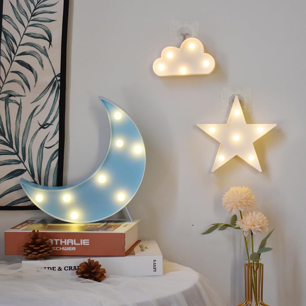 GUOCHENG Moon Star Cloud Night Light Set Battery Operated LED Marquee Sign Decorative Night Table Lamps for Baby Children Bedroom Nursery