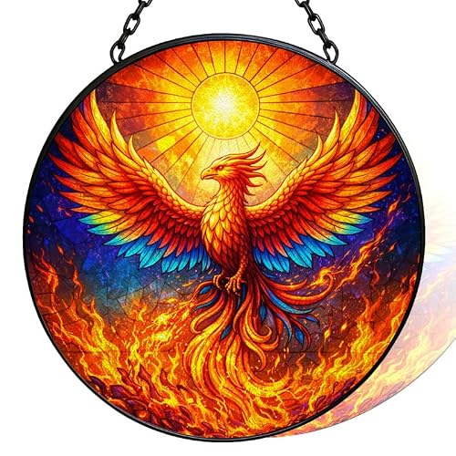 Stained Glass Window Hanging - 6.3" Phoenix Rising Suncatcher Glass Panel, Vibrant Firebird Artwork Decorative Hanging Ornament for Kitchen or Garden, Ideal Gift for Mother, Wife or Women