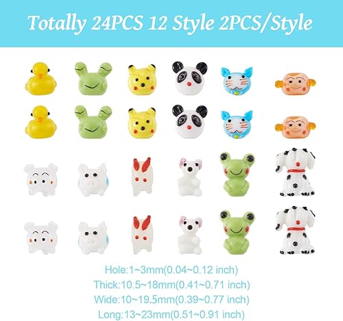 Miniatura 5 de FASHEWELRY 24 cuentas de cristal de animal, 12 estilos, lindas cuentas de lámpara, dibujos animados, rana, mono, pato, conejo, panda, cuentas