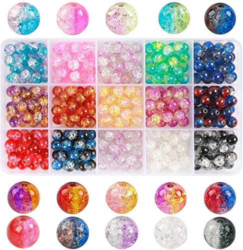 DICOBD 375pcs Crystal Glass Beads, 15 Color Crackle Lampwork Glass Round Beads for Bracelets, Necklaces and Other Jewelry Making