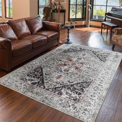 YIHOUSE Washable Area Rugs 6x9 for Living Room, Grey Soft Non-Slip Rugs, Low Pile Oriental Floral Distressed Rug, Thin Indoor Carpets for Farmhouse, Entryway, Bedroom (Grey, 6’x9’) Grey 6' x