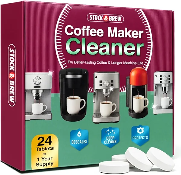 Stock & Brew Coffee Maker Cleaner Tablets 24 Count 1 Year Supply Descaler and Cleaning Tablets for Espresso Drip and Pod Machines Removes Residue and Improves Taste