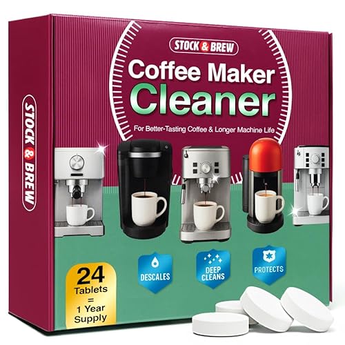 Stock & Brew Coffee Maker Cleaner Tablets 24 Count 1 Year Supply Descaler and Cleaning Tablets for Espresso Drip and Pod Machines Removes Residue and Improves Taste