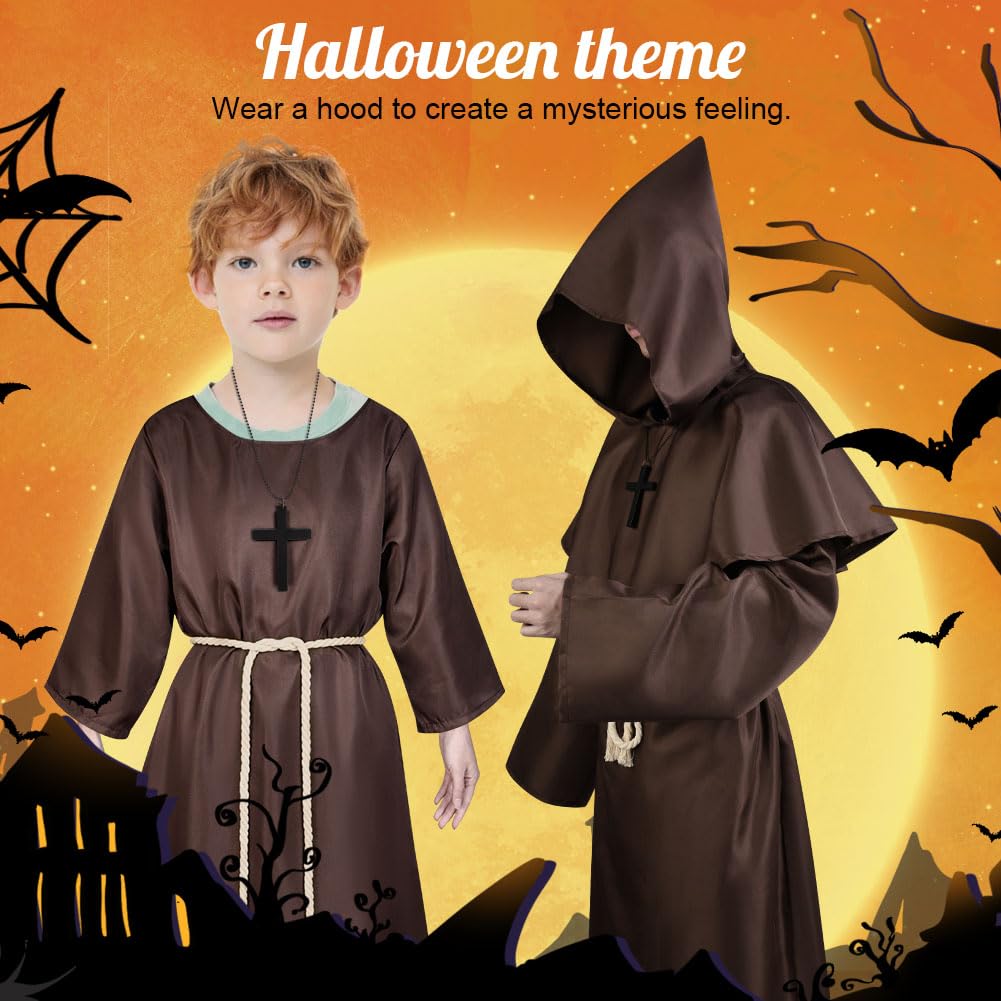 AUYAO Costume da Monaco Bambino, Medievale Halloween Monaco Sacerdote Accappatoio, Cosplay Costume Robe Mantello con Cappuccio, Abito Costume Monaco Saio Vestito da Monaco per Halloween Carnevale