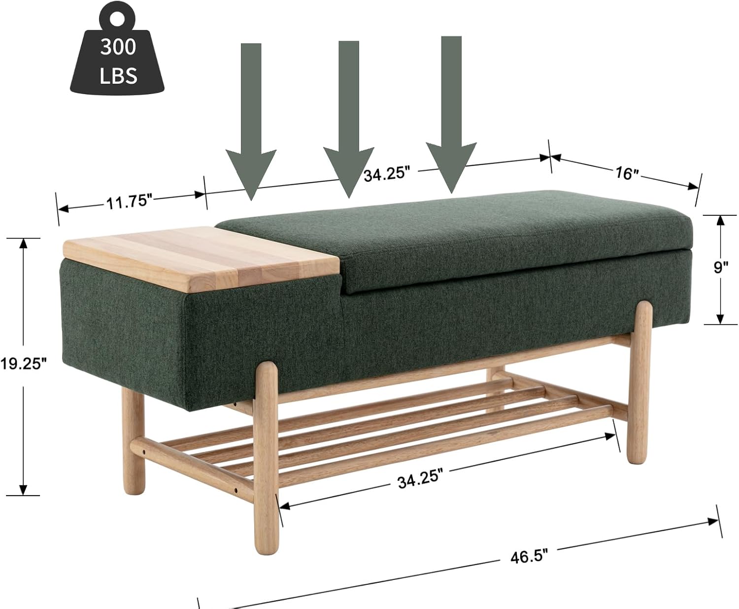 CIMOTA Entryway Storage Bench for Bedroom Upholstered End of Bed Ottoman Bench with Wood Shoe Storage/Coffee Table for Living Room/Hallway/Under Window, 46.5 Inches, Linen Green