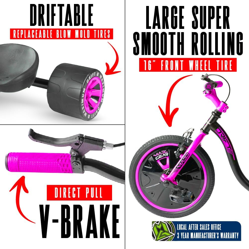 Drift Trike for Kids Ages 5+ – 16" Front Wheel Ride-On with Adjustable Seat, Steel Frame, Rear Slick Drift Wheels & Safety Flag – Madd Gear (Pink/Teal)